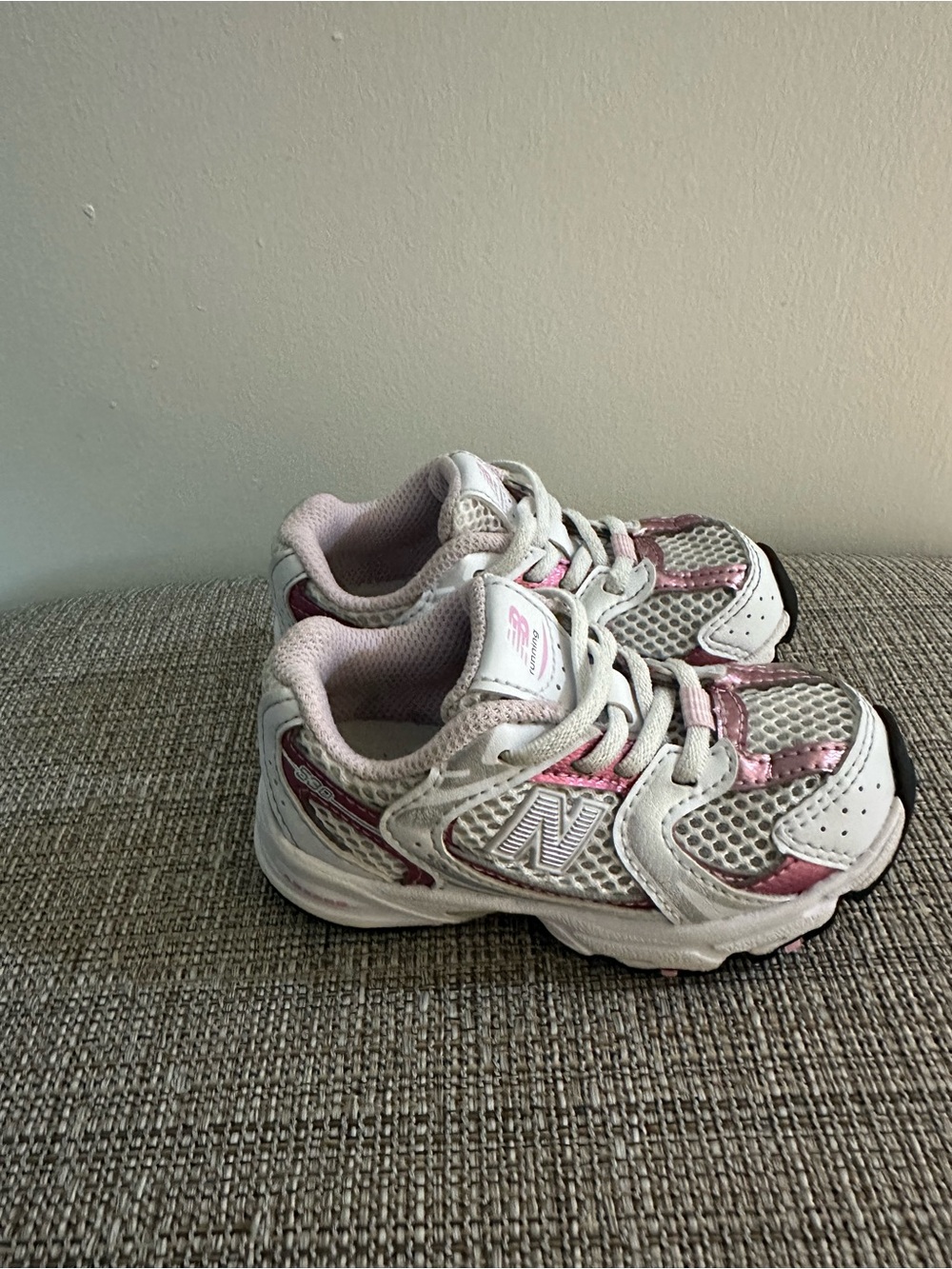 New Balance Kids White and Pink Mesh Sneakers
